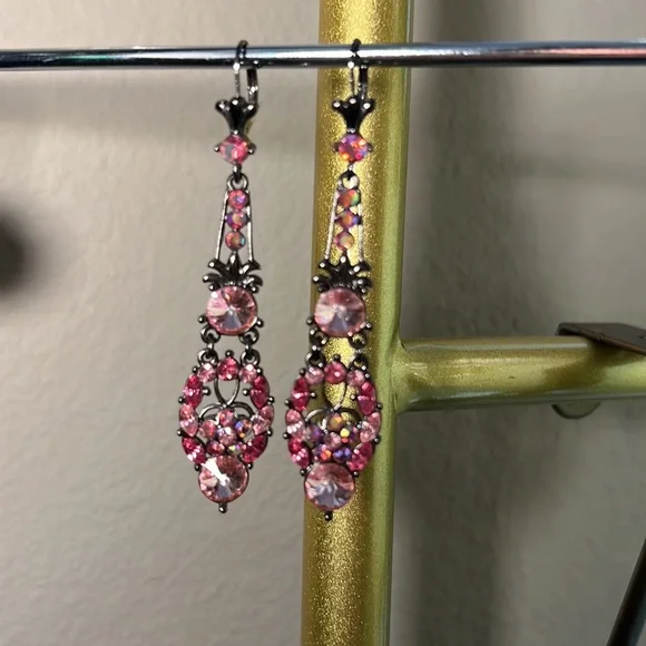 Pink jewels black metal clasp dangle earrings sparkly costume jewelry hang 3” - Picture 9 of 17